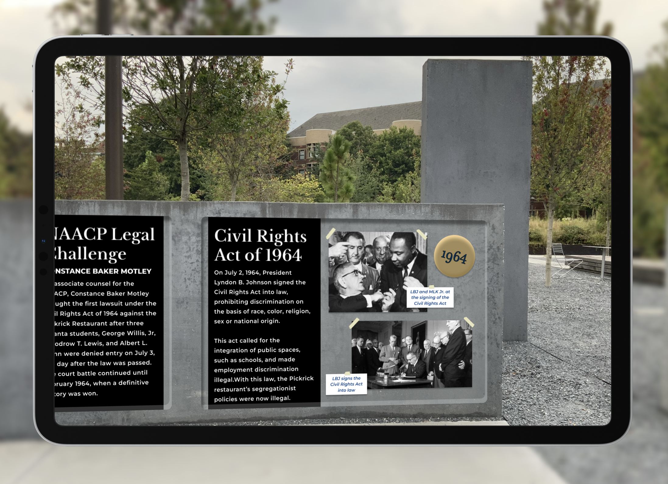 AR tablet view of the NAACP Legal Challenge and Civil Rights Act panels